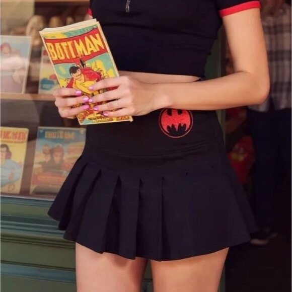 You Summoned Me Pleated Mini Skirt – by DC Black Red Batman Logo Gothic S - Picture 1 of 3